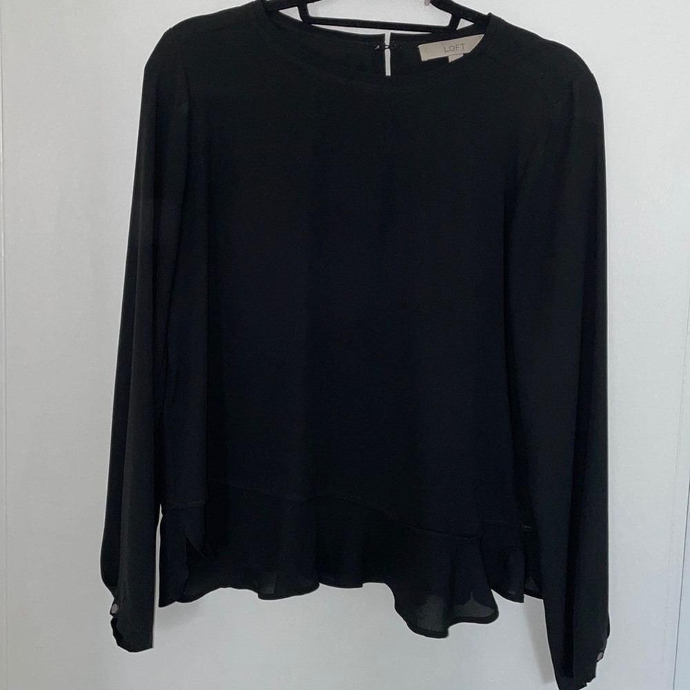 LOFT Black Long-Sleeve Ruffle Hem Blouse
